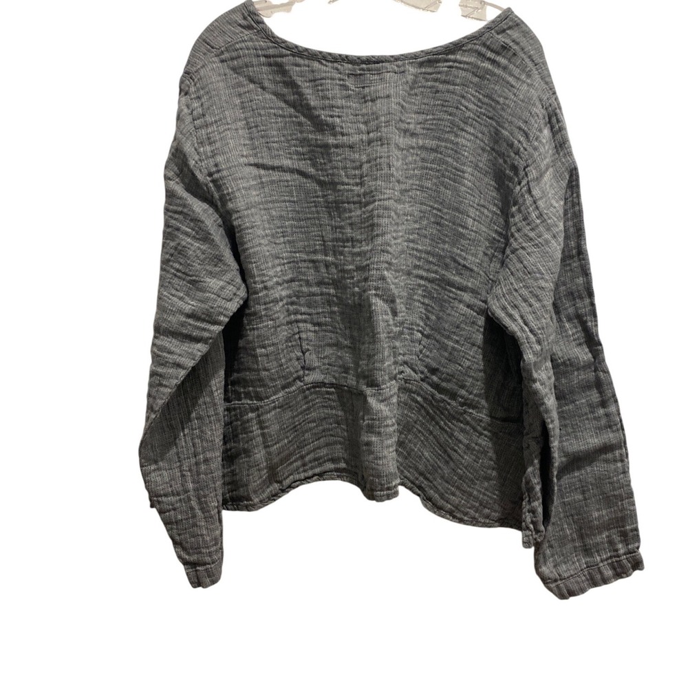 FLAX Grey Black 100% Linen Textured Lagenlook Boxy Long Sleeve Top Size 3G - Picture 4 of 6